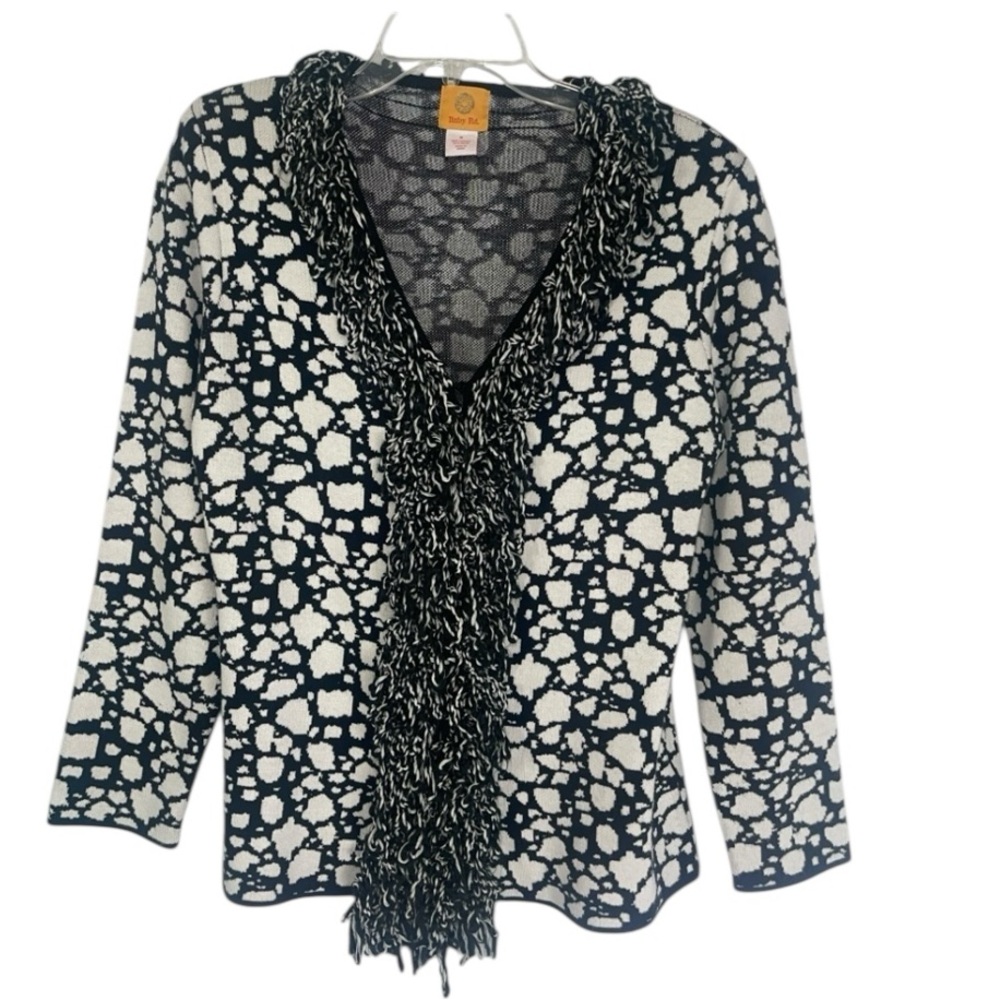 Ruby Rd. Black & white fringe cardigan. Almost like animal print. GUC size med.